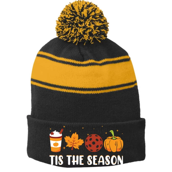 Tis The Season Coffee Fall Pickleball And Halloween Pumpkin Stripe Pom Pom Beanie