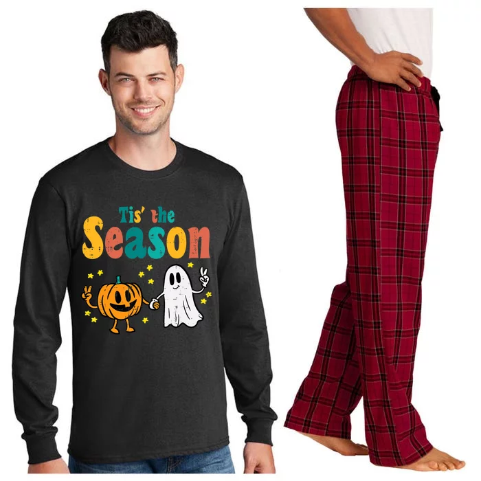 Tis The Season Pumpkin Ghost Retro Groovy Vintage Halloween Gift Long Sleeve Pajama Set