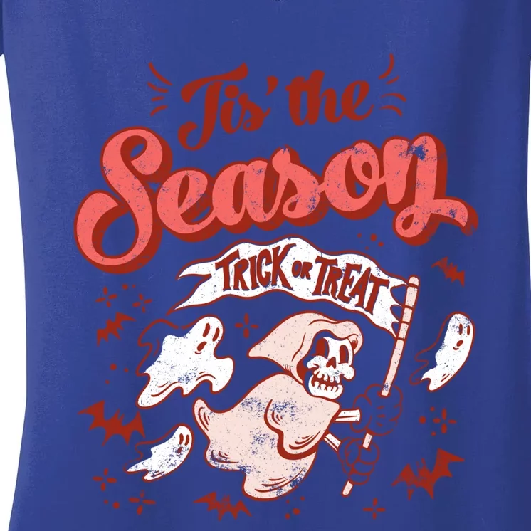 Tis' The Season Skeleton Ghost Retro Halloween Costume Party Gift Women's V-Neck T-Shirt