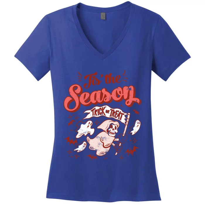 Tis' The Season Skeleton Ghost Retro Halloween Costume Party Cool Gift Women's V-Neck T-Shirt