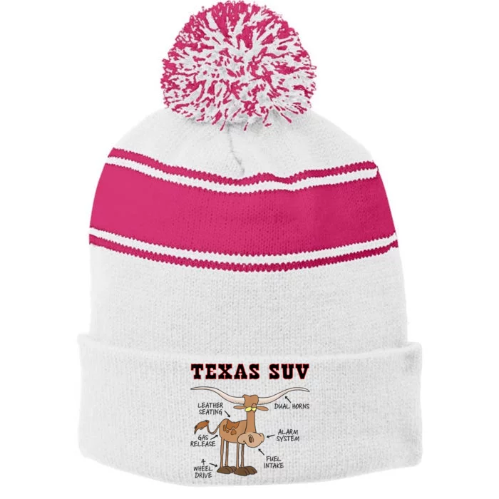 Texas TX SUV Funny Joke Longhorn Cattle Cow Stripe Pom Pom Beanie