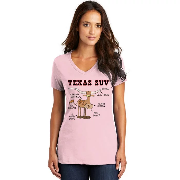 Texas TX SUV Funny Joke Longhorn Cattle Cow Women's V-Neck T-Shirt