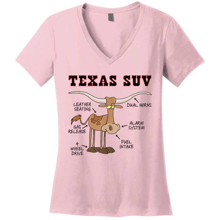 Texas TX SUV Funny Joke Longhorn Cattle Cow Women's V-Neck T-Shirt