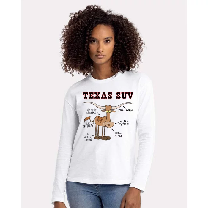 Texas TX SUV Funny Joke Longhorn Cattle Cow Womens Cotton Relaxed Long Sleeve T-Shirt