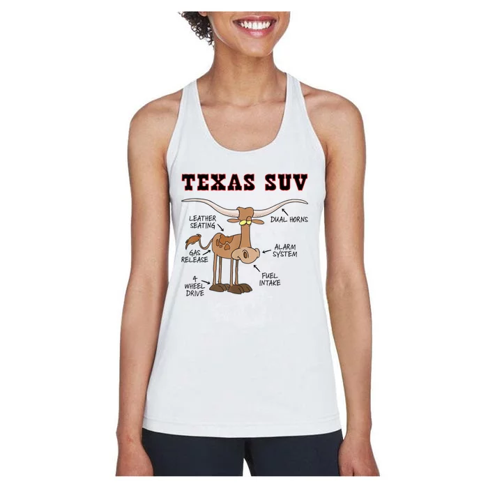 Texas TX SUV Funny Joke Longhorn Cattle Cow Women's Racerback Tank