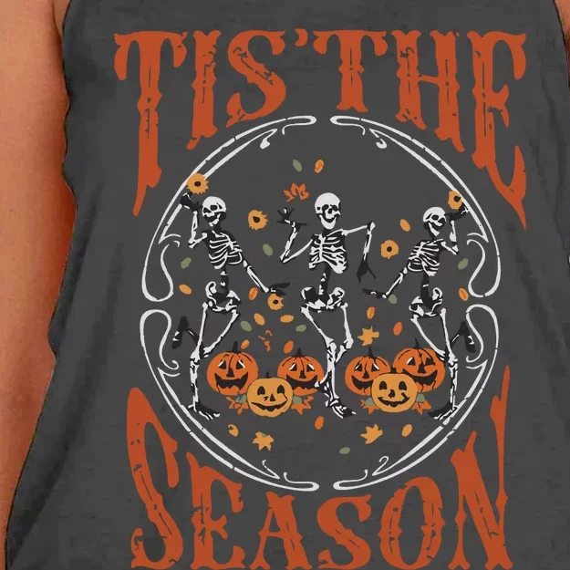 Tis The Season Halloween Fall Skeletons Dancing Women's Knotted Racerback Tank