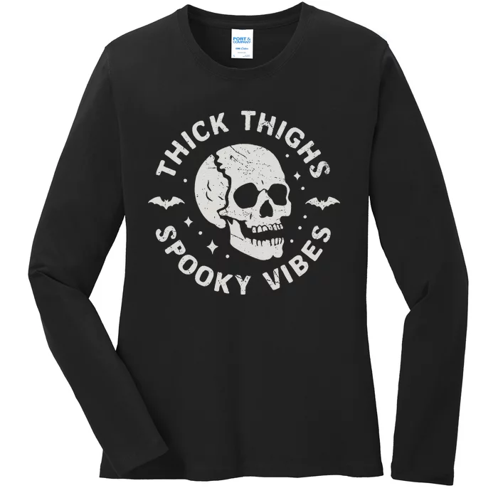 Thick Thighs Spooky Vibes Skull Funny Halloween Gift Ladies Long Sleeve Shirt