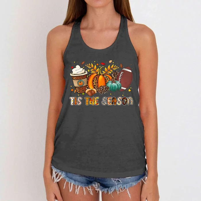 Tis The Season Leopard Pumpkin Football Halloween Fall Women's Knotted Racerback Tank