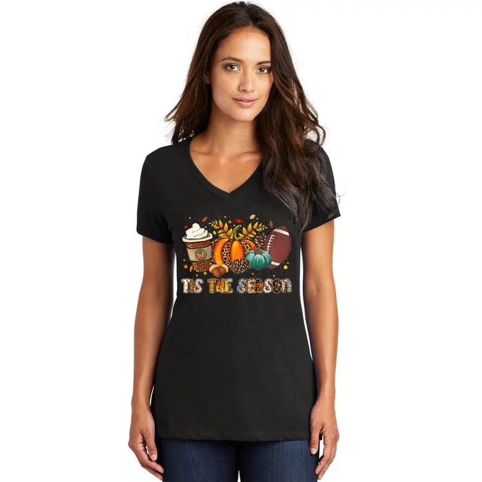 Tis The Season Leopard Pumpkin Football Halloween Fall Women's V-Neck T-Shirt