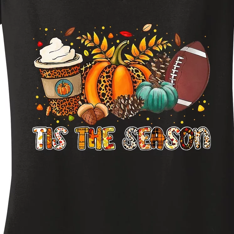 Tis The Season Leopard Pumpkin Football Halloween Fall Women's V-Neck T-Shirt