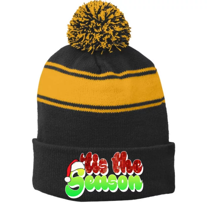 Tis The Season Santa Christmas Lover Retro Stripe Pom Pom Beanie