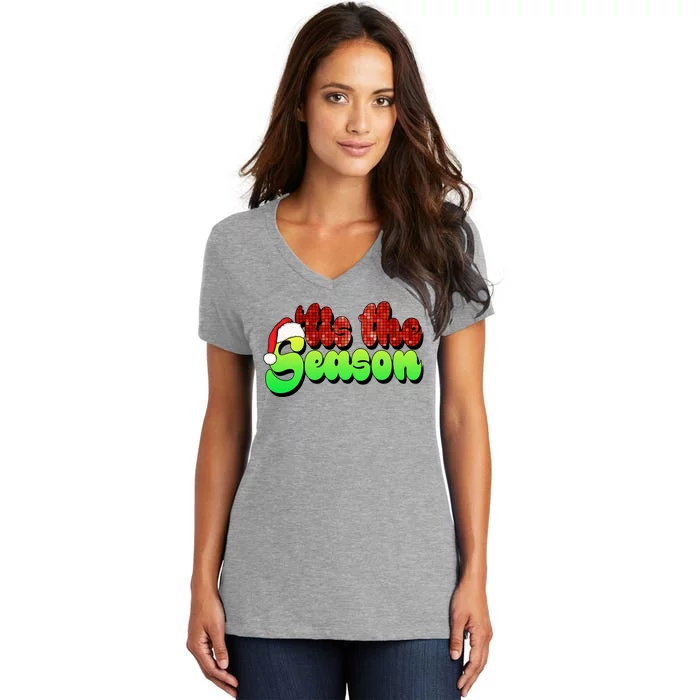 Tis The Season Santa Christmas Lover Retro Women's V-Neck T-Shirt