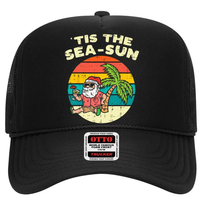 Tis The Sea Sun Santa Beach Summer Christmas In July Summer High Crown Mesh Trucker Hat