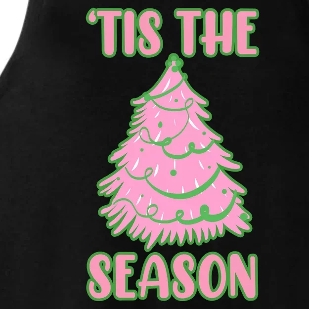 Tis The Season Pink Christmas Tree Ladies Tri-Blend Wicking Tank