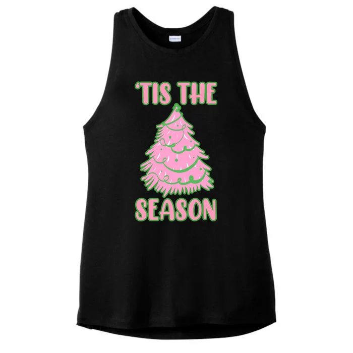 Tis The Season Pink Christmas Tree Ladies Tri-Blend Wicking Tank