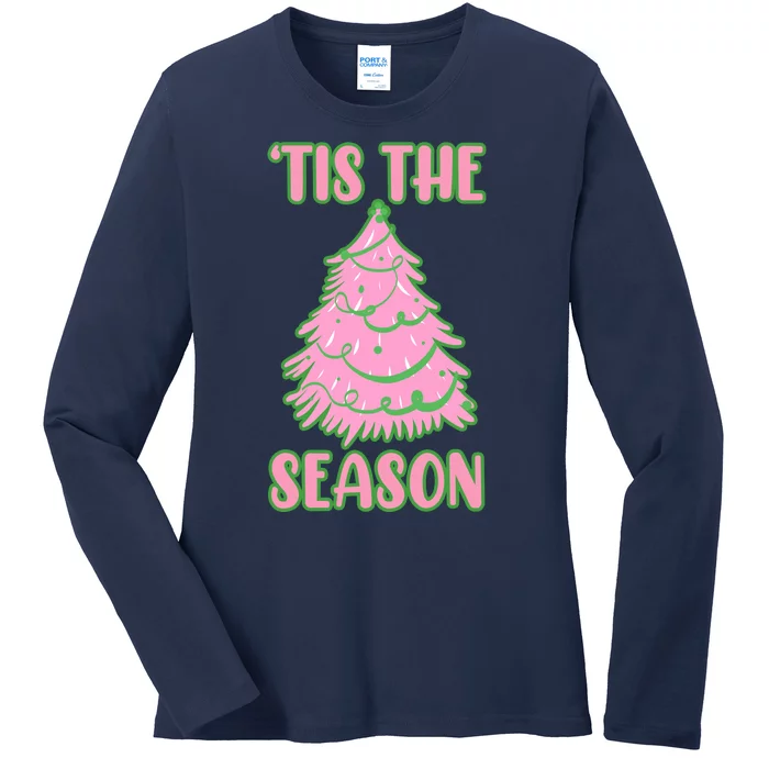 Tis The Season Pink Christmas Tree Ladies Long Sleeve Shirt