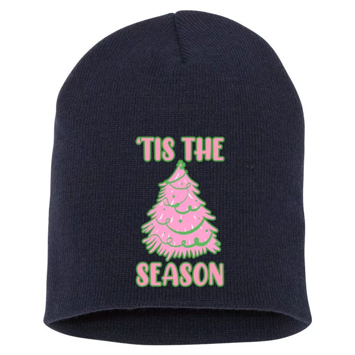 Tis The Season Pink Christmas Tree Short Acrylic Beanie