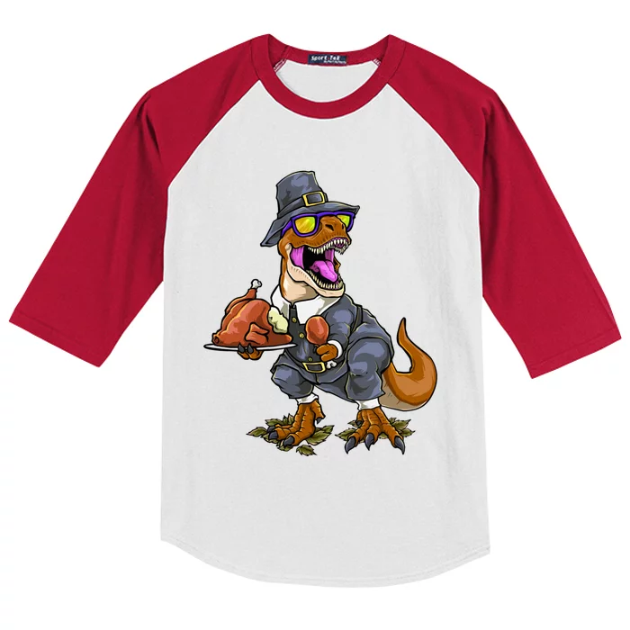 Thanksgiving Turkey Saurus T Rex Dinosaur Great Gift Kids Colorblock Raglan Jersey