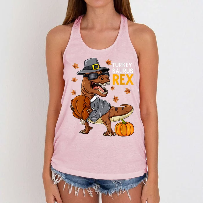 Thanksgiving Turkey Saurus T Rex Pilgrim Dinosaur Boys Funny Gift Women's Knotted Racerback Tank