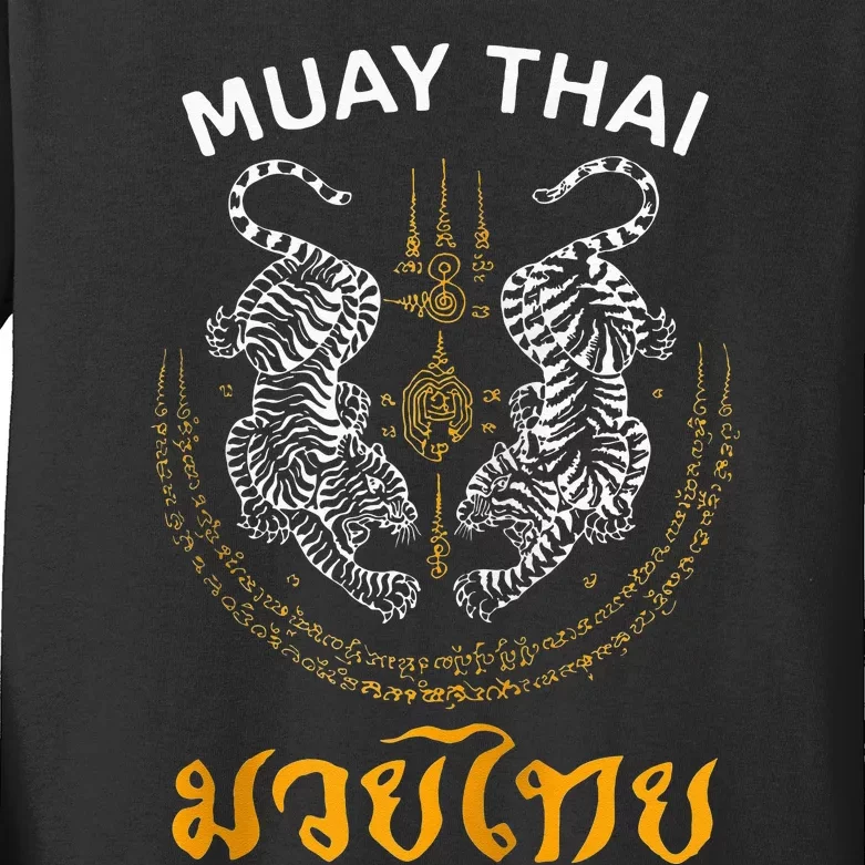 Twin Tiger Sak Yant Muay Thai Tattoo Tiger Boxing Thailand Kids Long Sleeve Shirt