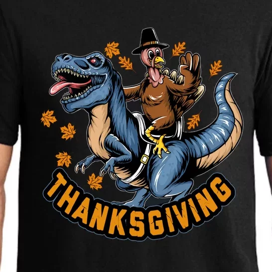 Thanksgiving Turkey Sitting On Dinosaur T Rex Cool Gift Pajama Set