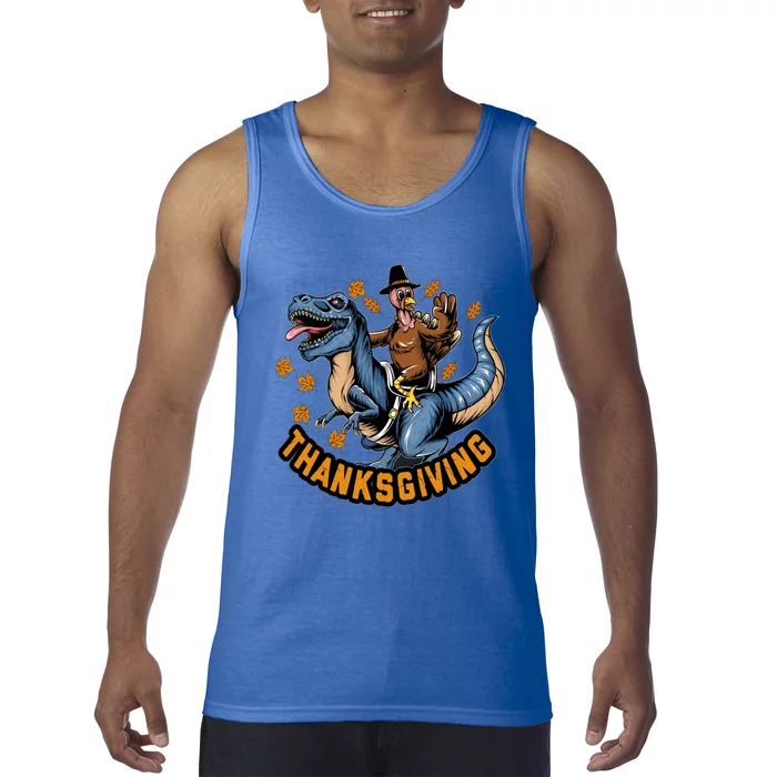 Thanksgiving Turkey Sitting On Dinosaur T Rex Cool Gift Tank Top