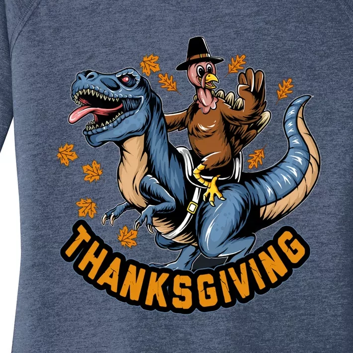 Thanksgiving Turkey Sitting On Dinosaur T Rex Cool Gift Women's Perfect Tri Tunic Long Sleeve Shirt