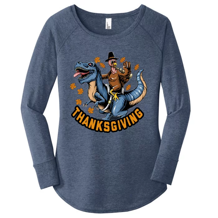 Thanksgiving Turkey Sitting On Dinosaur T Rex Cool Gift Women's Perfect Tri Tunic Long Sleeve Shirt