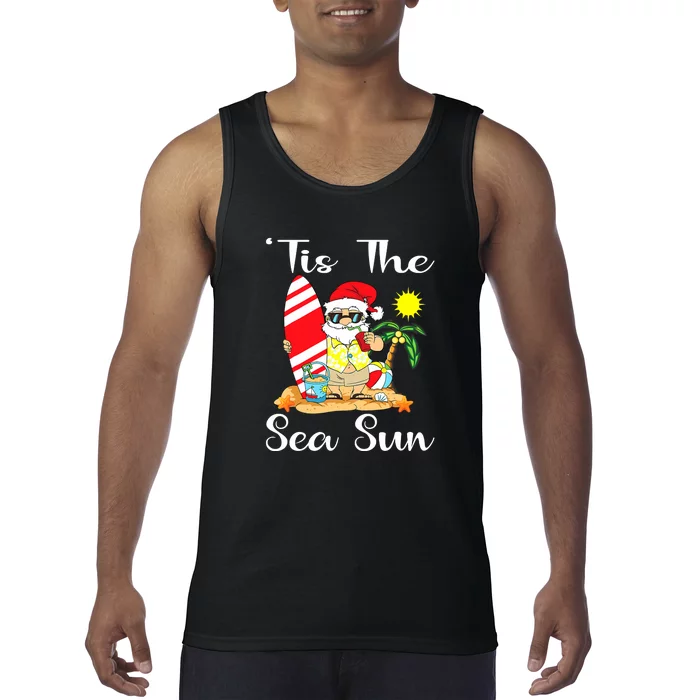 Tis The Sea Sun Christmas In July Santa Surfing Lake Party Tank Top