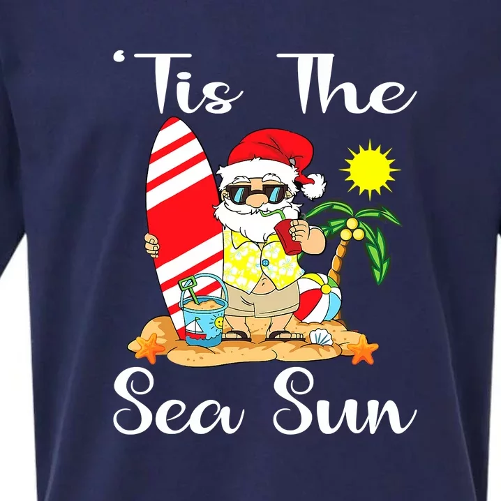 Tis The Sea Sun Christmas In July Santa Surfing Lake Party Sueded Cloud Jersey T-Shirt