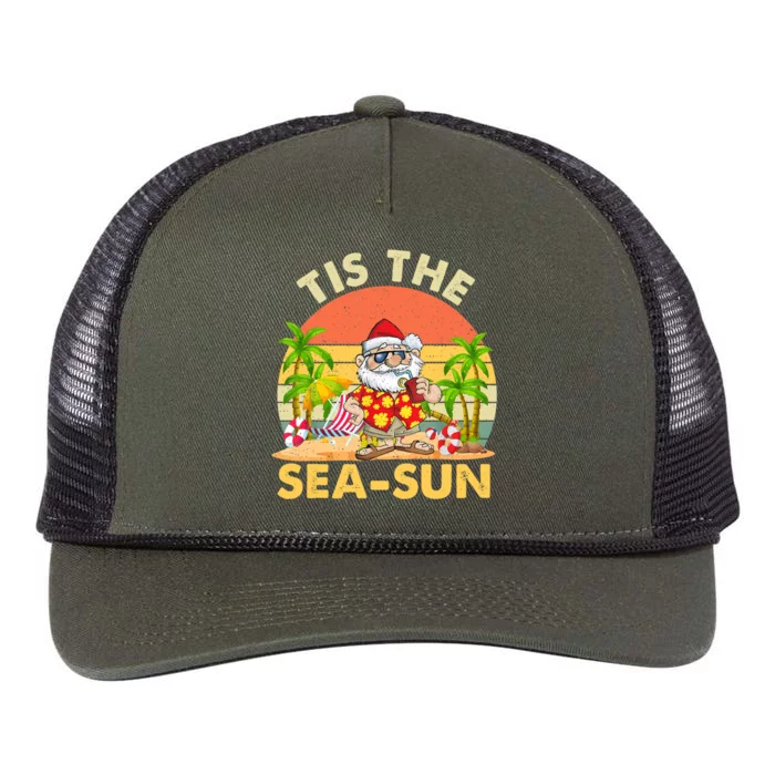 Tis The Sea Sun Santa Beach Summer Christmas In July Summer Retro Rope Trucker Hat Cap