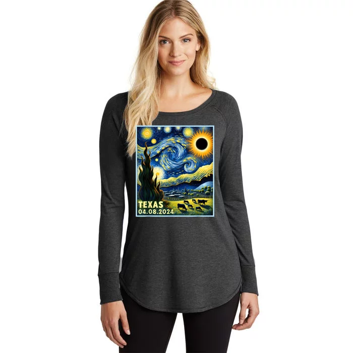 Texas Total Solar Eclipse 2024 Van Gogh Starry Night Style Women's Perfect Tri Tunic Long Sleeve Shirt