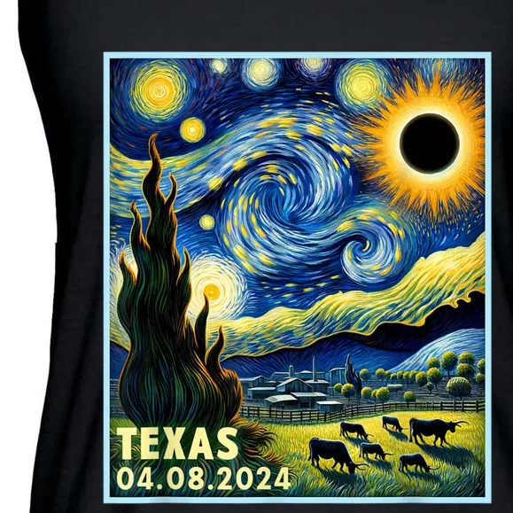 Texas Total Solar Eclipse 2024 Van Gogh Starry Night Style Ladies Essential Flowy Tank