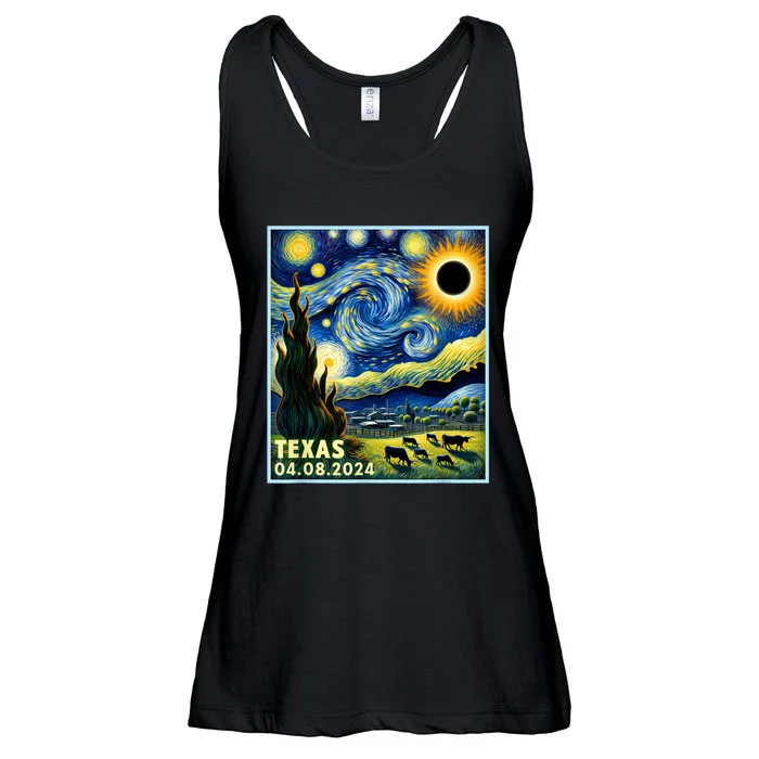 Texas Total Solar Eclipse 2024 Van Gogh Starry Night Style Ladies Essential Flowy Tank