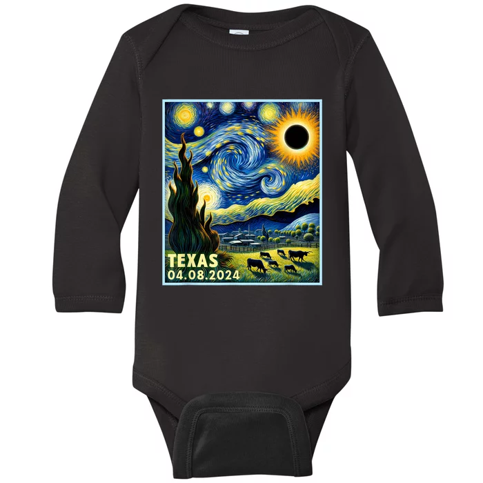 Texas Total Solar Eclipse 2024 Van Gogh Starry Night Style Baby Long Sleeve Bodysuit