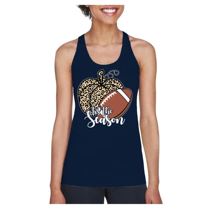 Tis The Season Leopard Pumpkin Football Fall Autumn Women's Racerback Tank