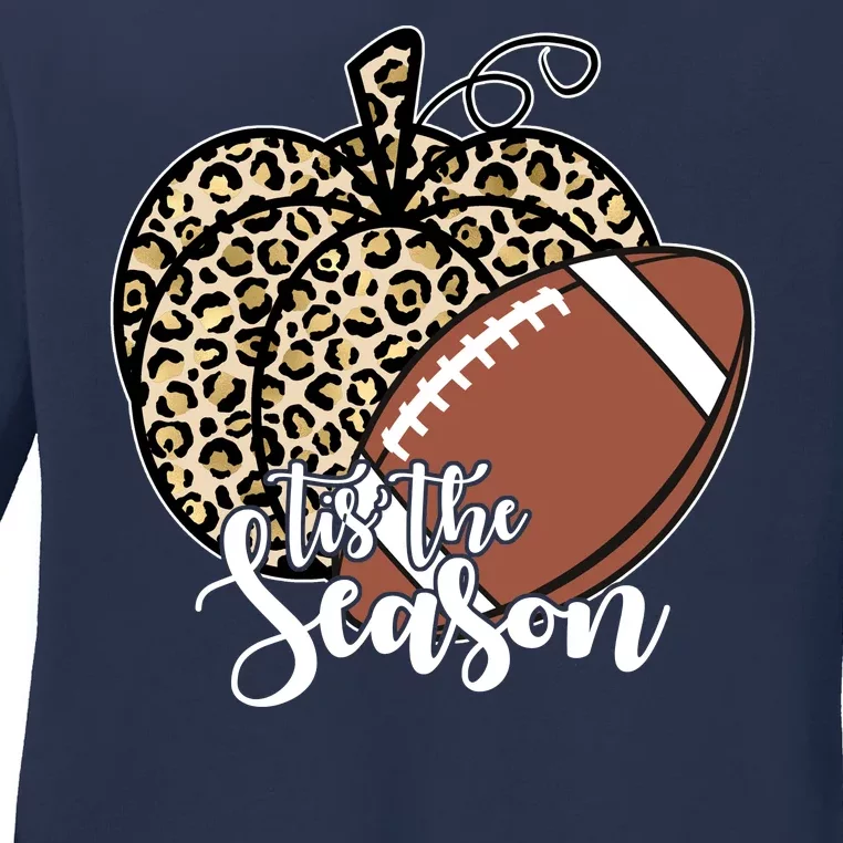 Tis The Season Leopard Pumpkin Football Fall Autumn Ladies Long Sleeve Shirt