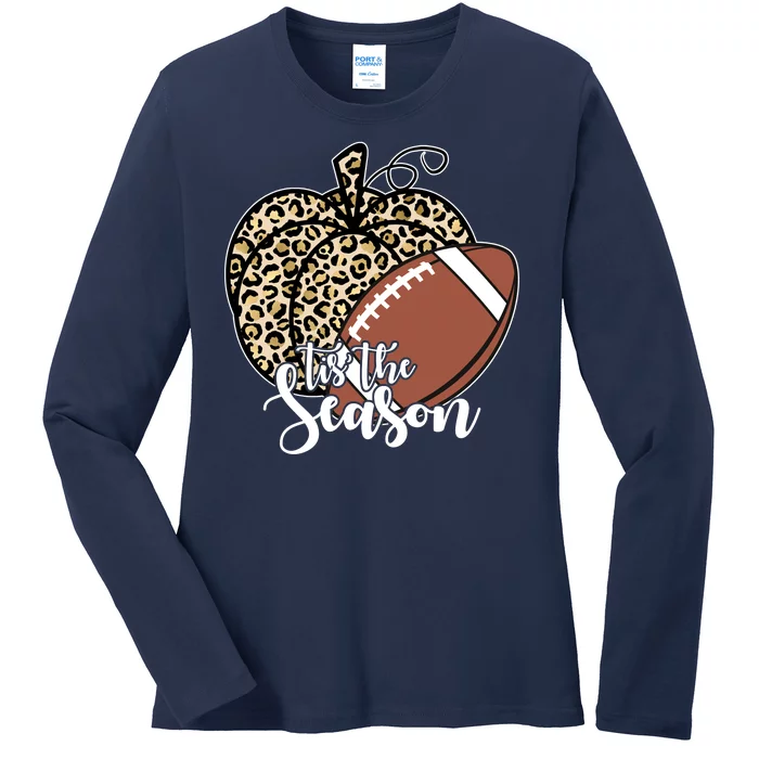 Tis The Season Leopard Pumpkin Football Fall Autumn Ladies Long Sleeve Shirt