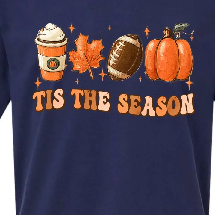 Tis The Season Pumpkin Leaf Latte Fall Thanksgiving Football Sueded Cloud Jersey T-Shirt