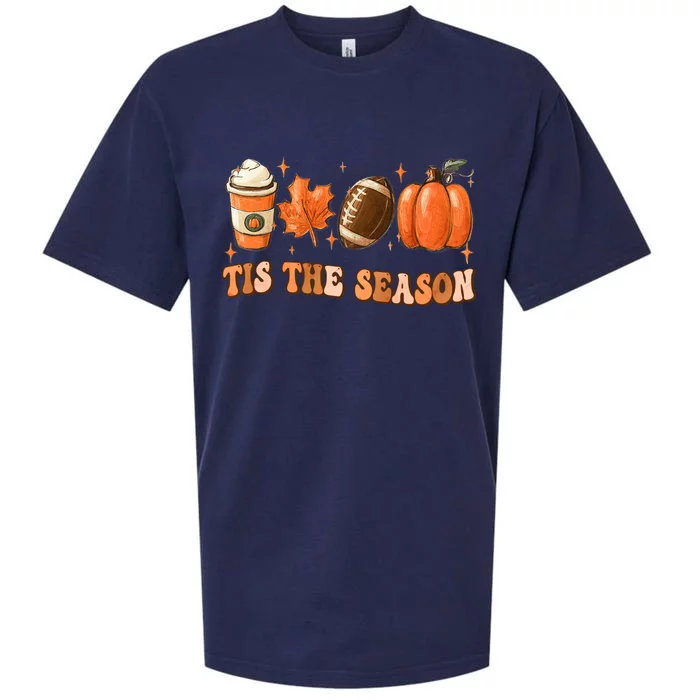 Tis The Season Pumpkin Leaf Latte Fall Thanksgiving Football Sueded Cloud Jersey T-Shirt