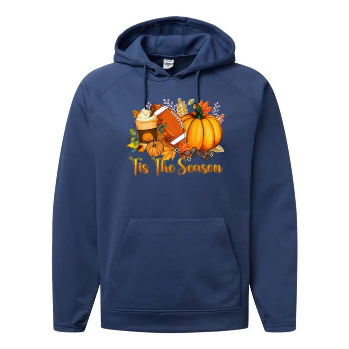 Tis The Season Pumpkin Leaf Latte Fall Thanksgiving Football Performance Fleece Hoodie