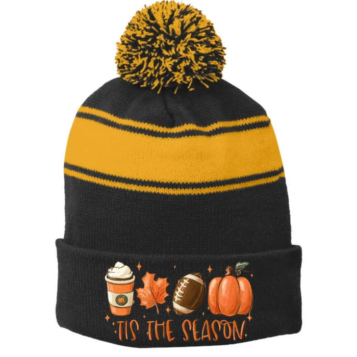 Tis The Season Fall Coffee Football Lover Stripe Pom Pom Beanie