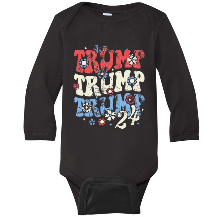 Trump Trump Trump 2024 Retro Groovy Baby Long Sleeve Bodysuit