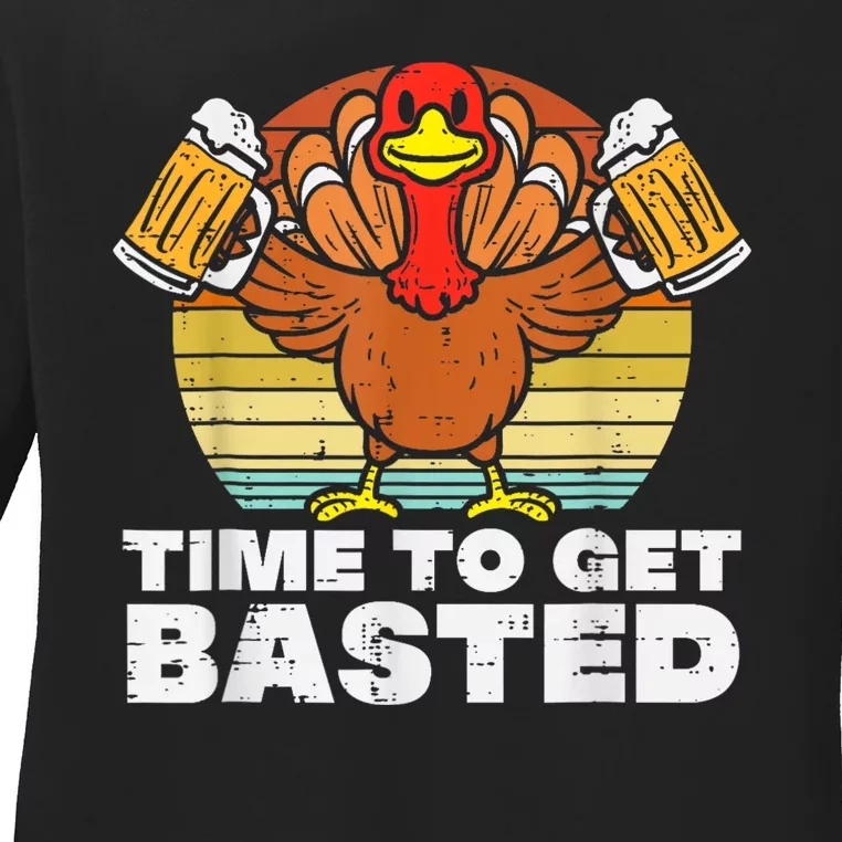 Turkey Time To Get Basted Retro Happy Thanksgiving Ladies Long Sleeve Shirt