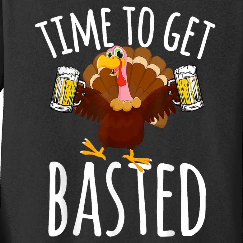 Turkey Time To Get Basted Retro Happy Thanksgiving Kids Long Sleeve Shirt