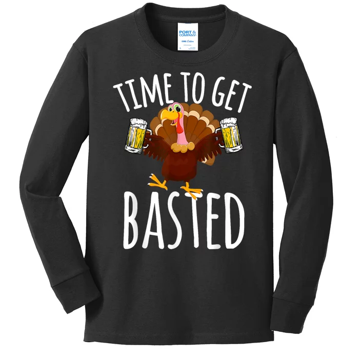 Turkey Time To Get Basted Retro Happy Thanksgiving Kids Long Sleeve Shirt