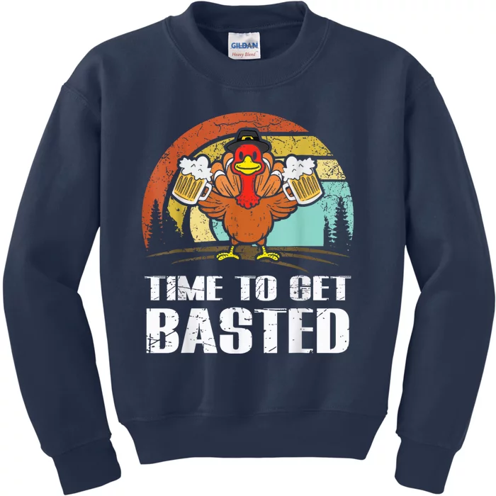 Turkey Time To Get Basted Retro Happy Thanksgiving Kids Sweatshirt