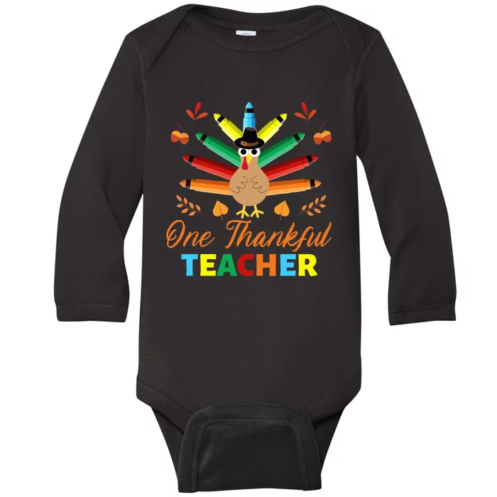 Thankful Teacher Thanksgiving Decor Crayon Turkey & Pumpkin Baby Long Sleeve Bodysuit