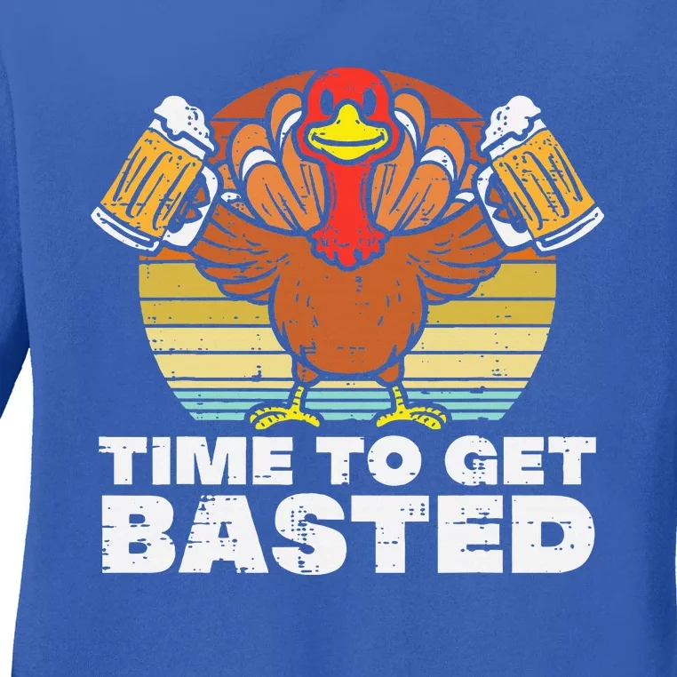 Turkey Time To Get Basted Retro Happy Thanksgiving Ladies Long Sleeve Shirt