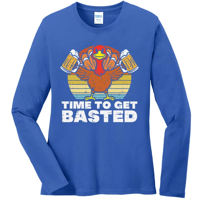 Turkey Time To Get Basted Retro Happy Thanksgiving Ladies Long Sleeve Shirt